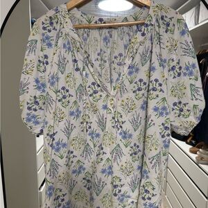 LOFT White Floral Puff-Sleeve Blouse with Purple & Green Sprigs